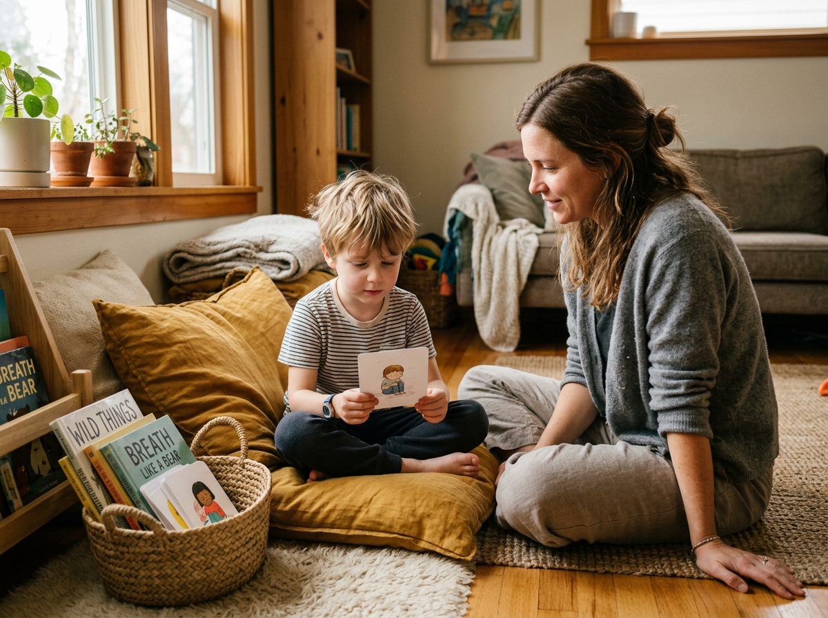A parent sitting near a young child seated on a comfortable floor cushion with picture books and simple cards in a sunny living room calm-down corner